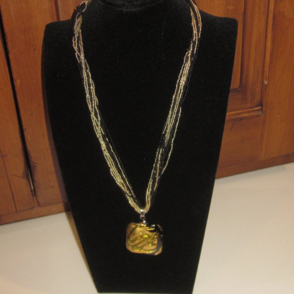 Black & Gold Art Glass Pendant Necklace - Picture 4 of 5